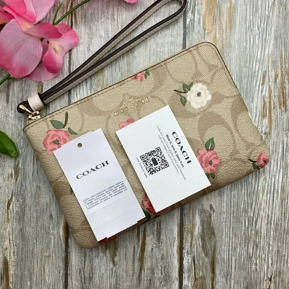 Coach Corner Zip Wristlet In Signature Canvas With Floral Print Wallet Bag Purse - Picture 6 of 7